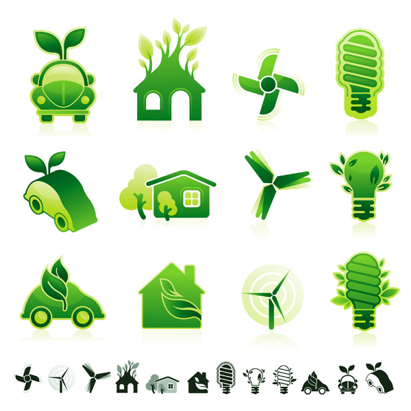 eco design elements green car house lightbulb windmill