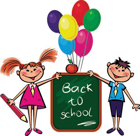 back to school banner schoolboy schoolgirl balloon icons