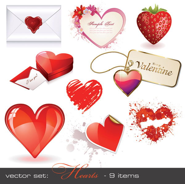 valentines design elements modern lips notes roses icons