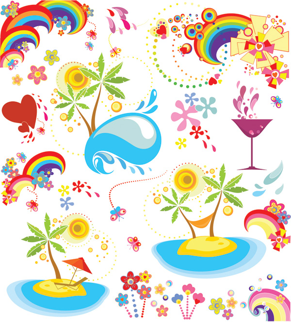 holiday design elements island sea wave rainbow icons