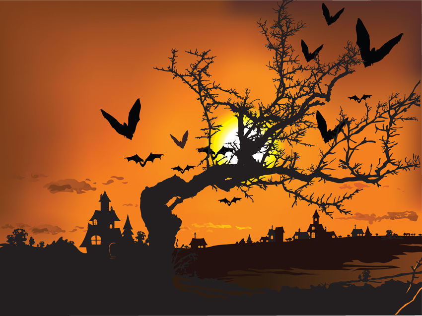 halloween background dark sunset castle bats tree icons decor