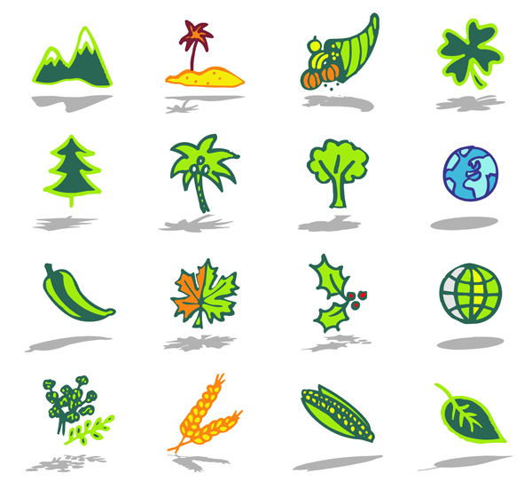 nature icons colored flat handdrawn sketch