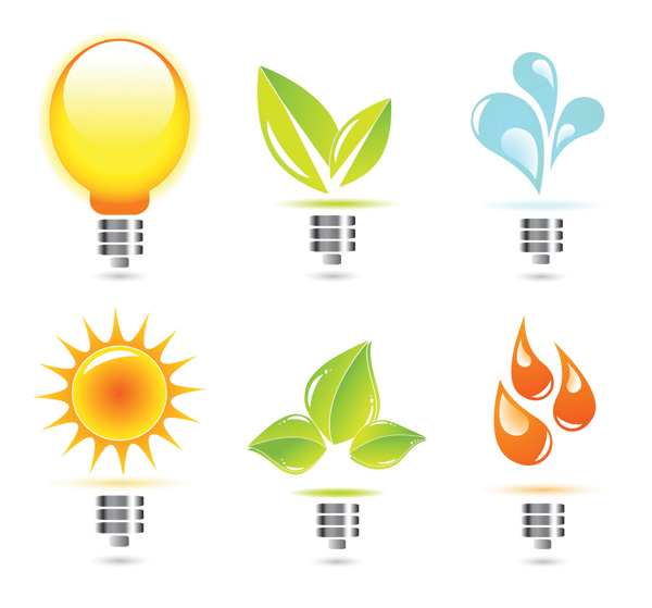 eco design elements lightbulb leaf sun droplet icons