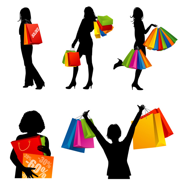 shopping woman icons silhouette design colorful bags ornament