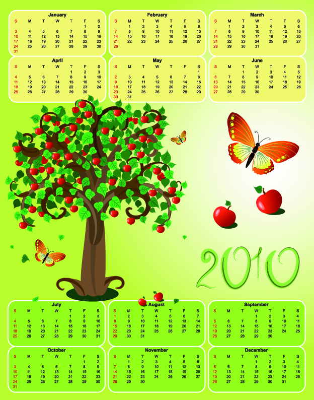 calendar template apple tree butterflies decor colorful design