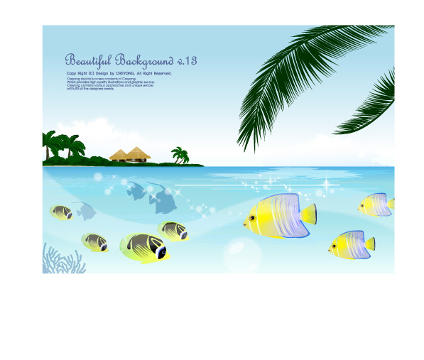 marine background sets fishes sea icons colorful cartoon