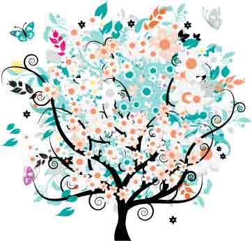 spring painting blooming tree butterflies icons colorful decor