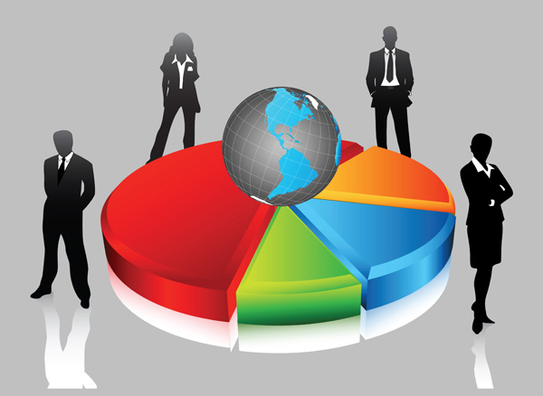 business background staff globe chart icons 3d design