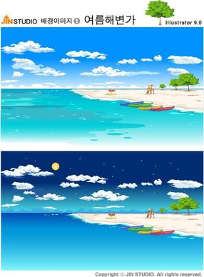 sea scene background sets day night theme colorful design