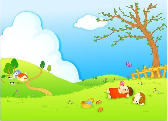 childhood background relaxed kid hill icons cartoon design