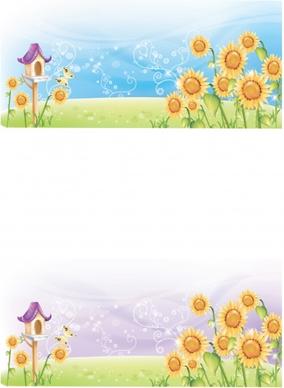 countryside background sets sunflowers bird nest icons decor