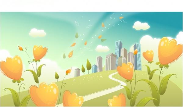 city backdrop flowers ornament colorful modern design