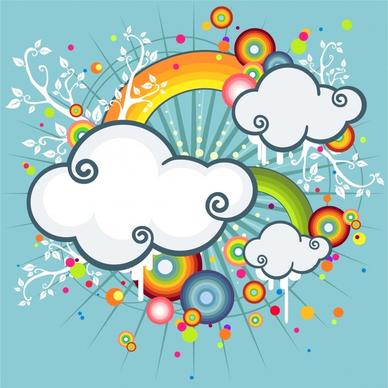 nature backdrop clouds rainbows trees icons colorful flat