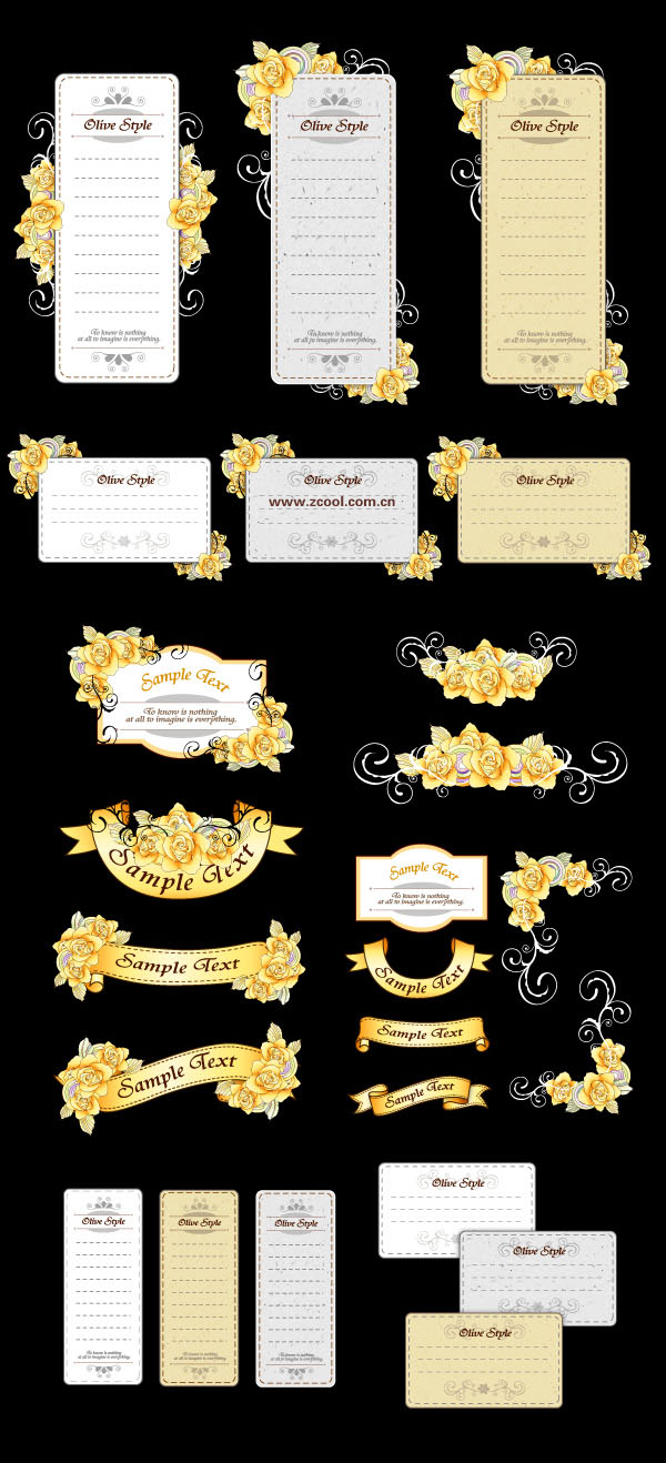 ribbon cards with handpainted flowers vector yellow