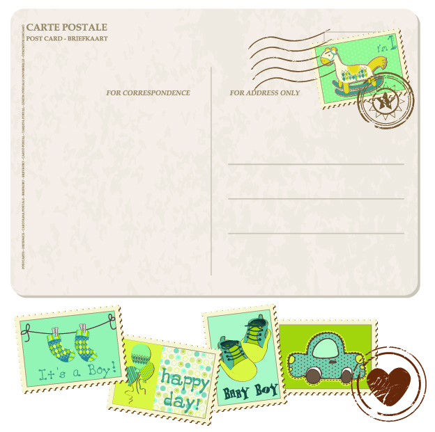 postcard with cartoon stamps 02 vector