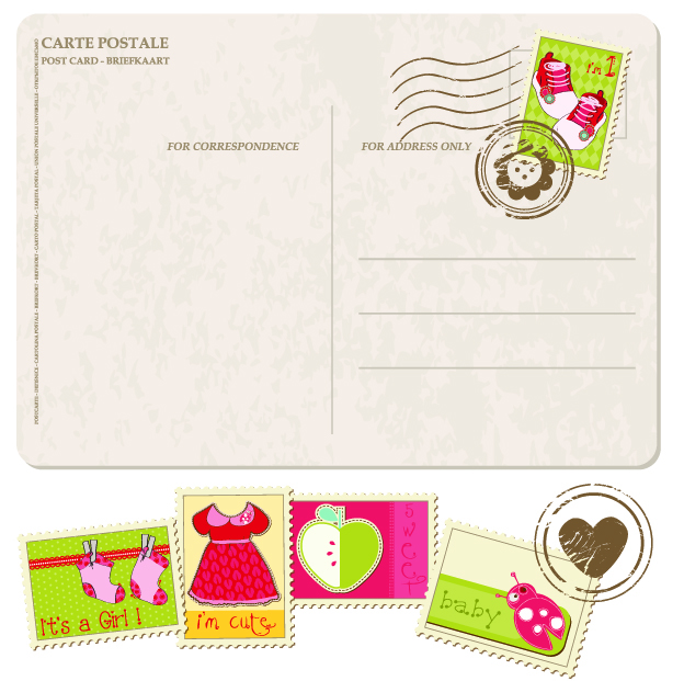 postcards stamps with cartoon 01 vector