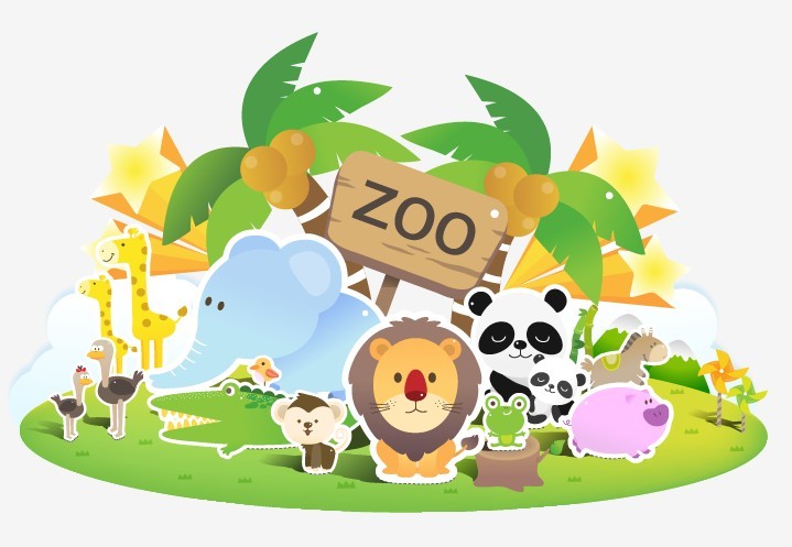 zoo background cute animals icons colorful flat sketch