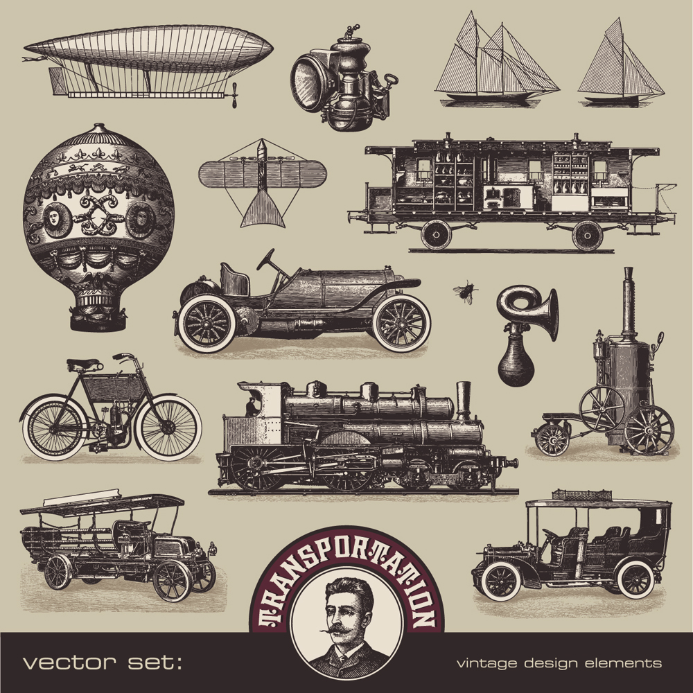 vehicles design elements retro handdrawn objects sketch