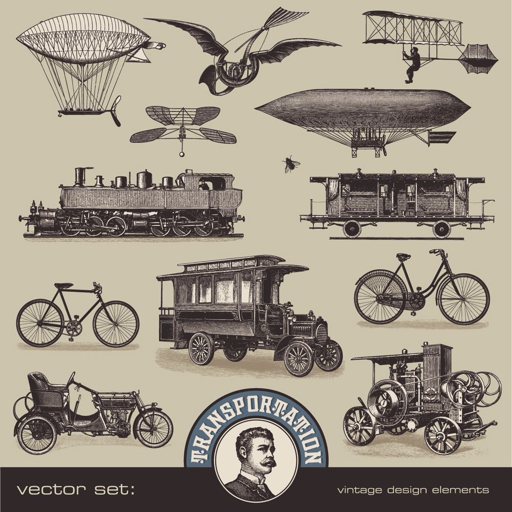 transportation icons retro vehicles sketch