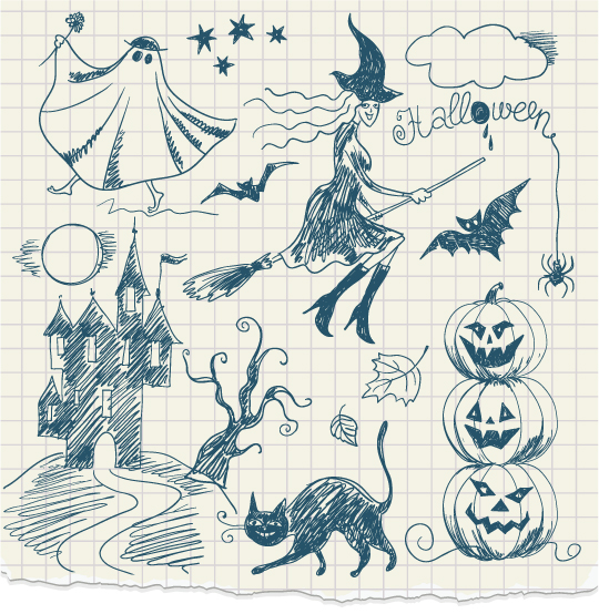 halloween design elements flat handdrawn sketch