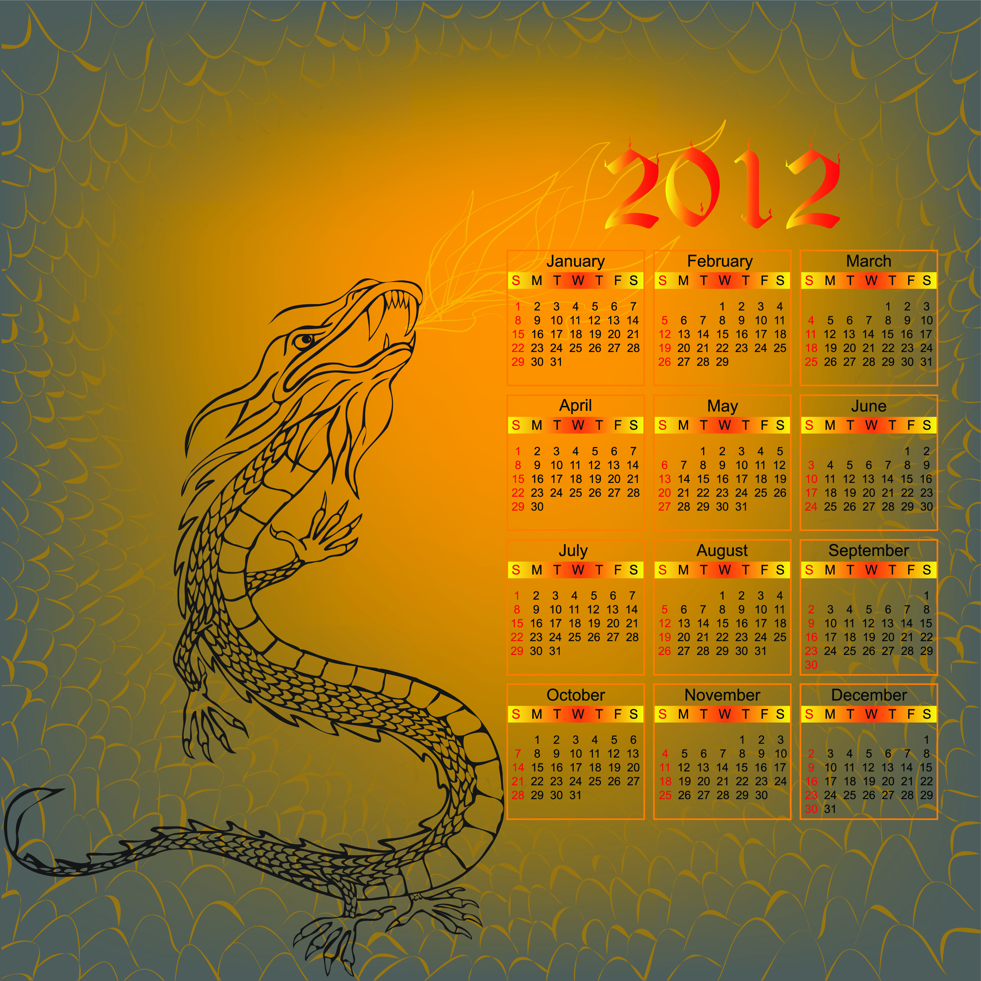 2012 calendar template oriental myth dragon sketch