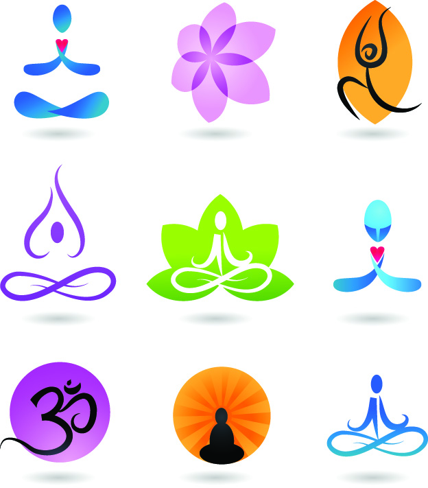 yoga logotypes colored flora person gestures sketch