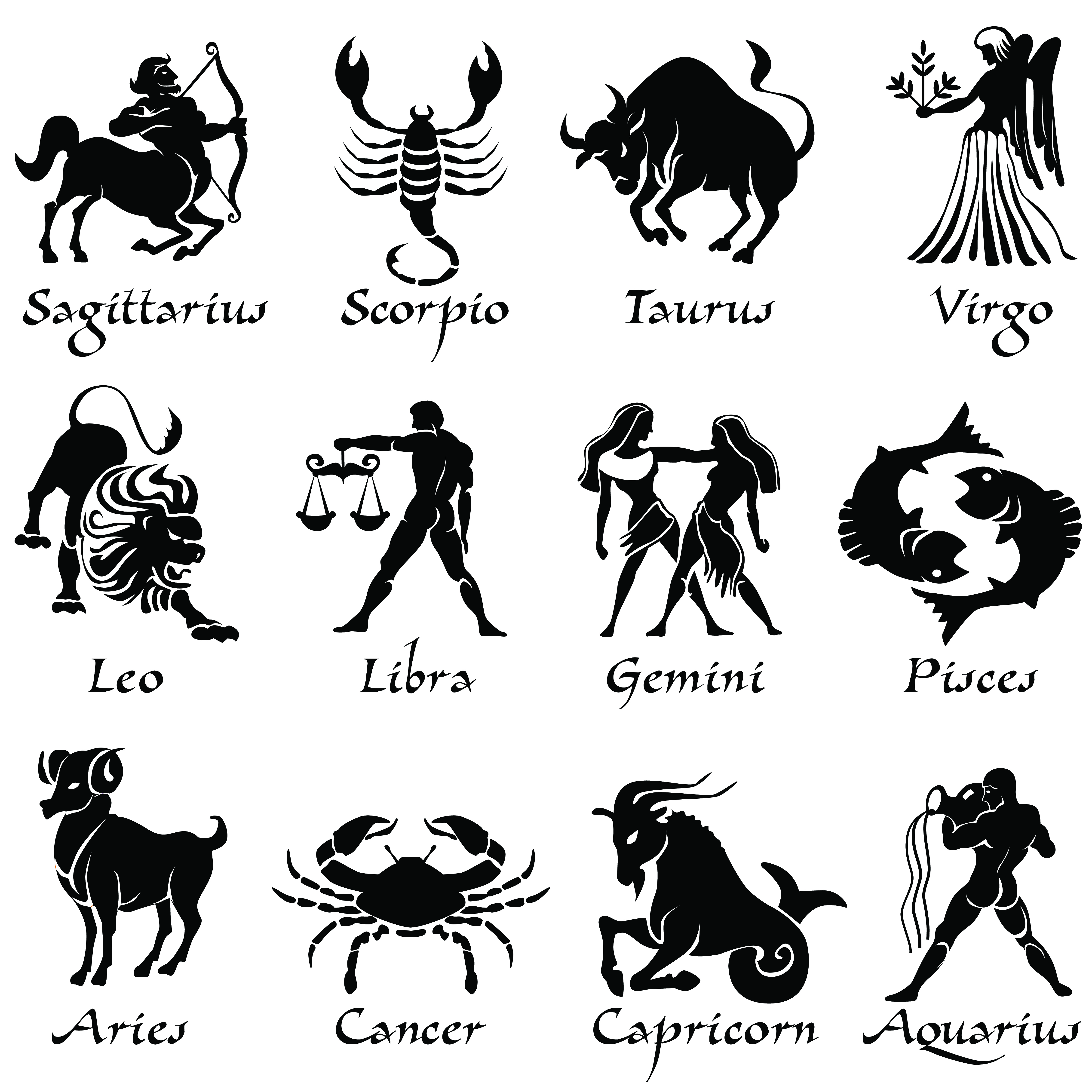 zodiac icons classical black silhouette sketch