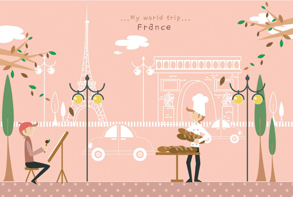 france travel advertisement classical colorful cartoon sketch