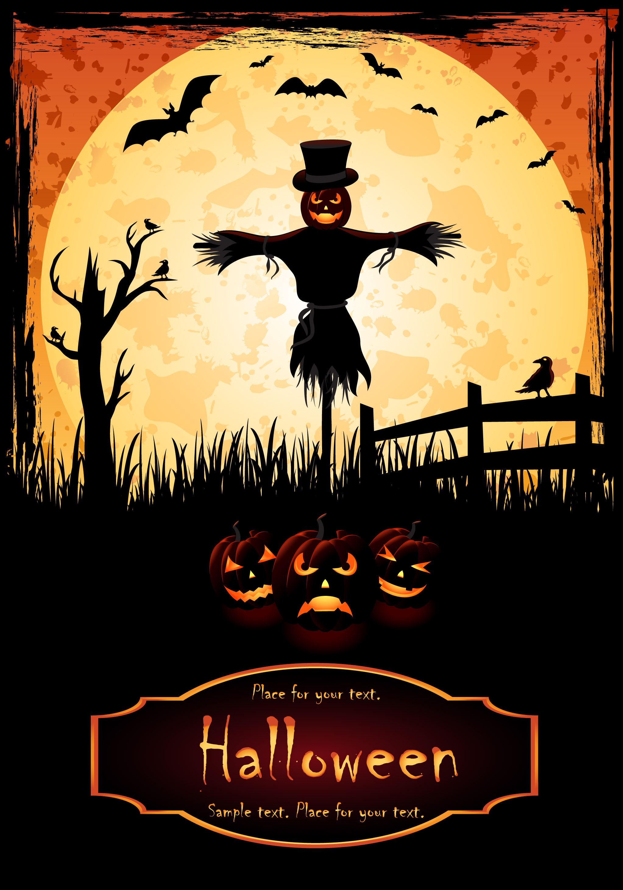 halloween banner dark vintage scarecrow bats pumpkins decor