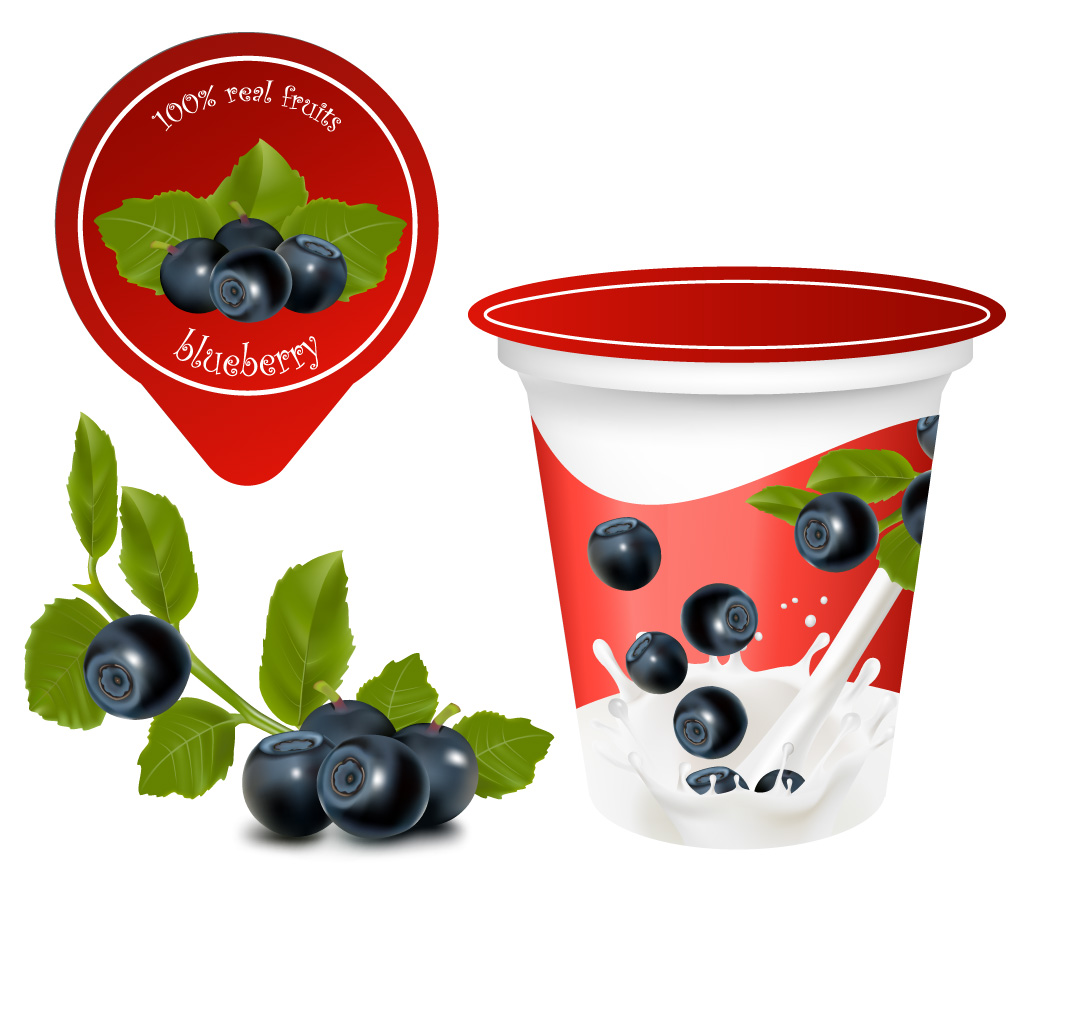 fruit yoghurt advertising blueberry milk icons realistic design