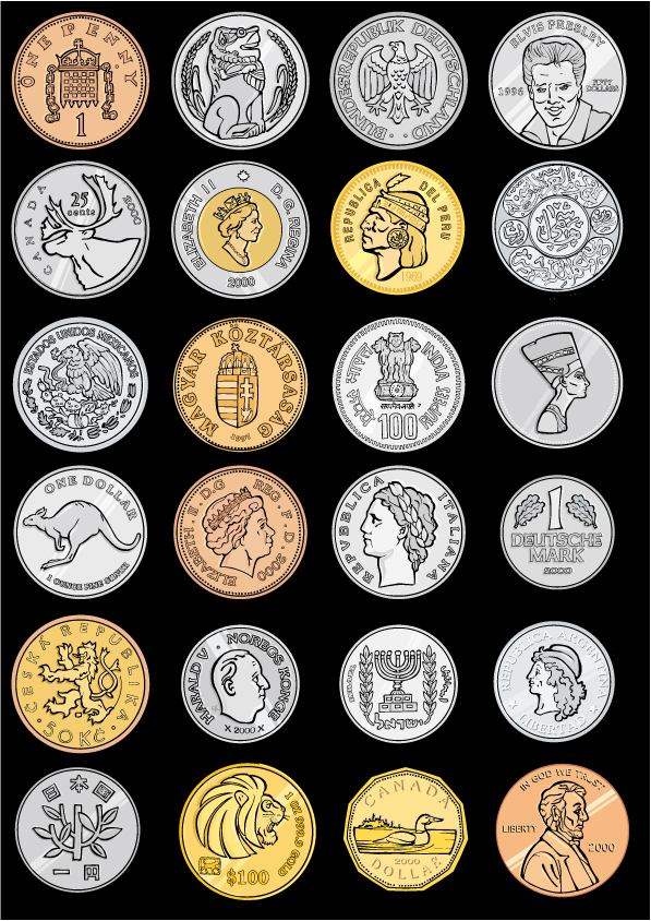 variety of foreign coins vector