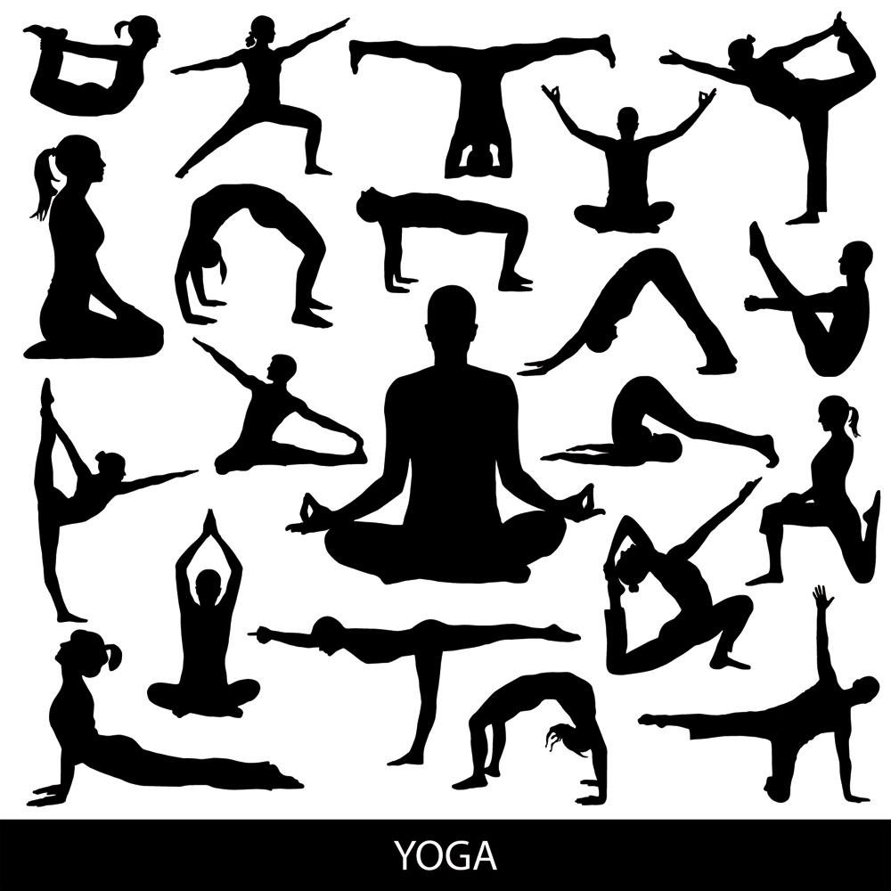 yoga practice icons exercising gestures sketch black silhouettes