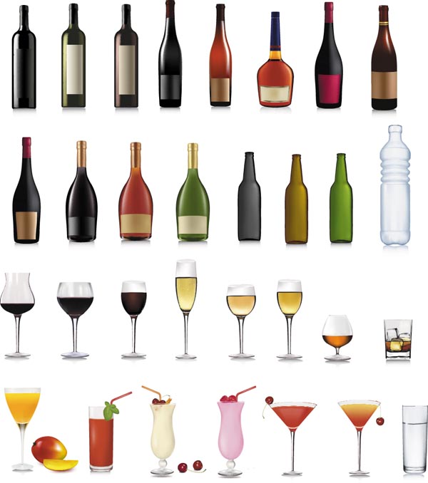 beverages design elements bottles glasses icons realistic design