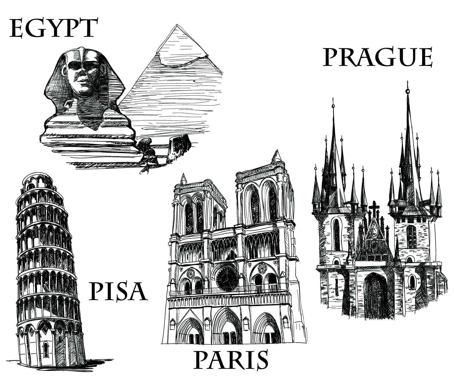 city landmark icons black white handdrawn sketch