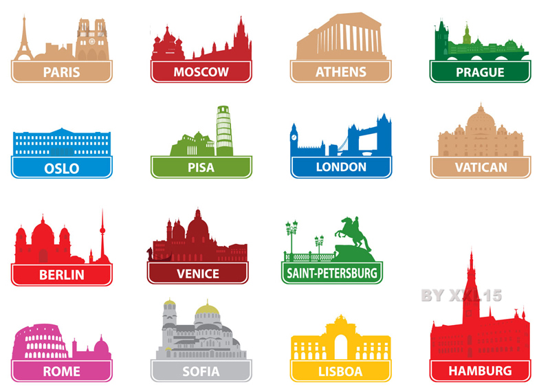 city labels templates colorful architecture symbols silhouette decor