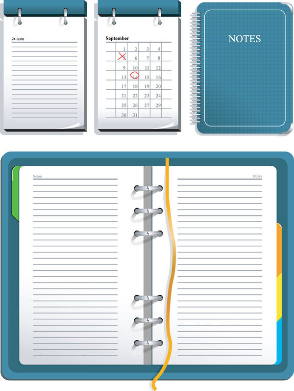 notebook icons colored realistic design