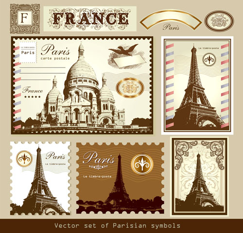 paris stamps templates retro design landscapes sketch