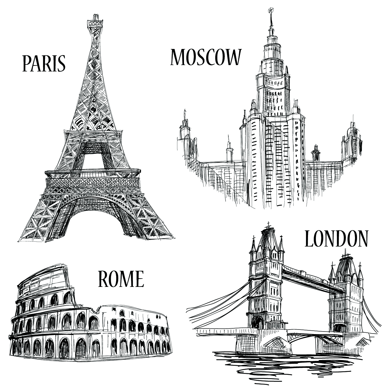 european capital landmark icons black white handdrawn outline