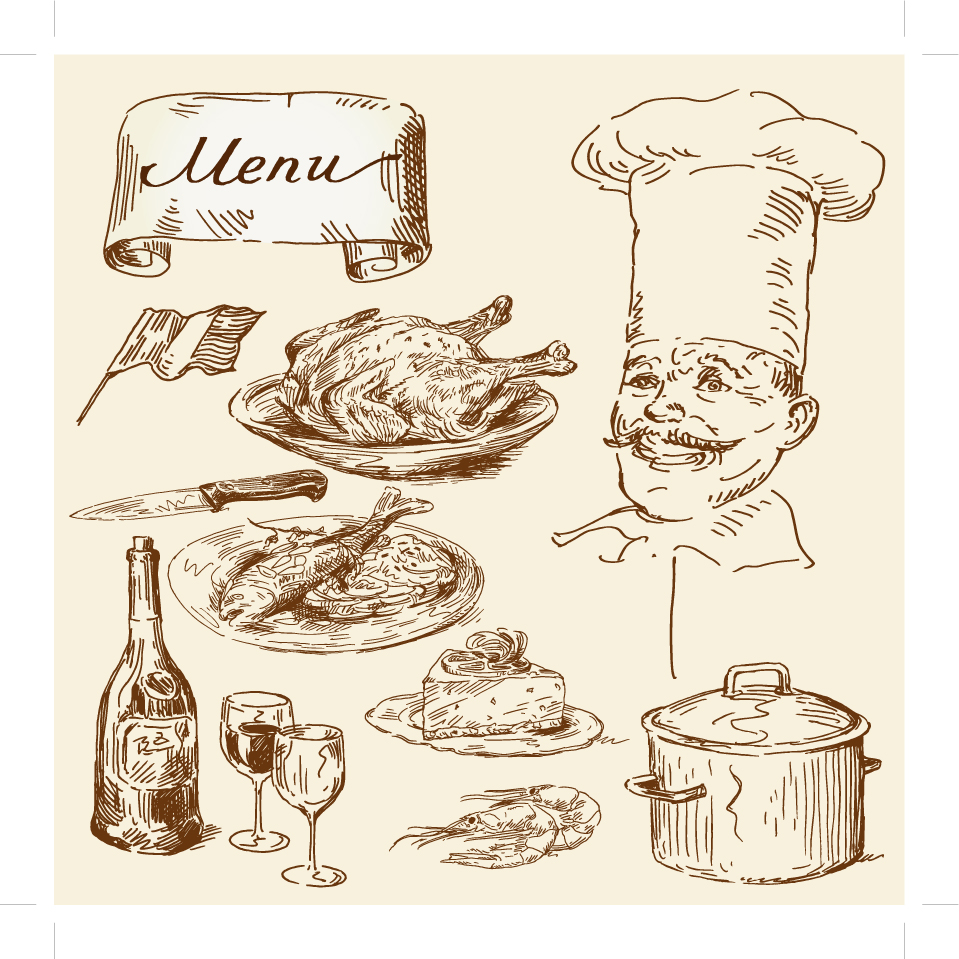 menu design elements retro handdrawn symbols sketch