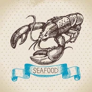 hand drawn seafood with ribbon vectors