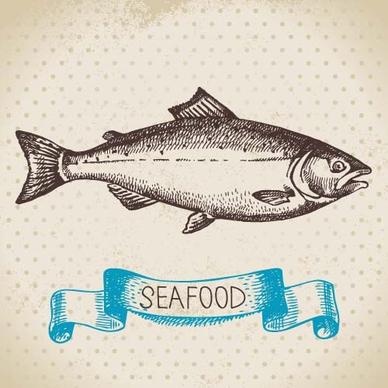 hand drawn seafood with ribbon vectors