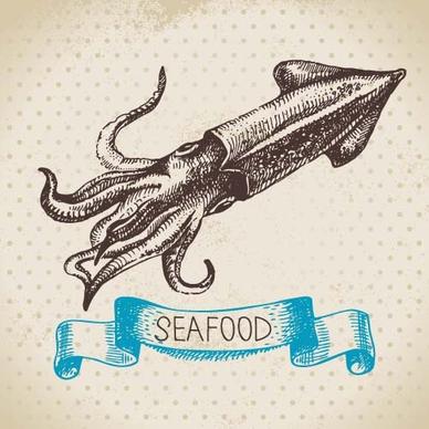 hand drawn seafood with ribbon vectors