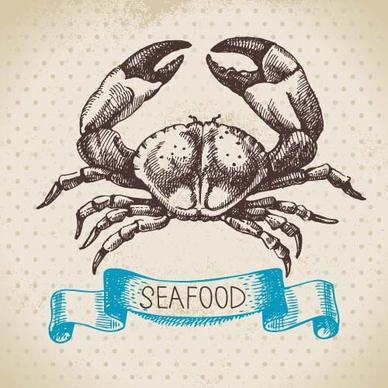 hand drawn seafood with ribbon vectors