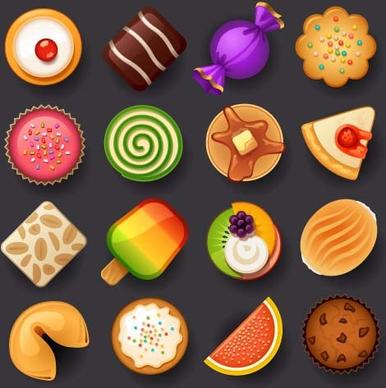 dessert with cakes icons set