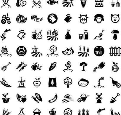 64 kind farm icons set