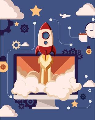 rocket and monitor cartoon vector