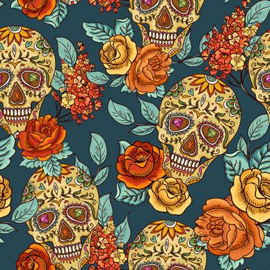 floral with skull vector seamless pattern