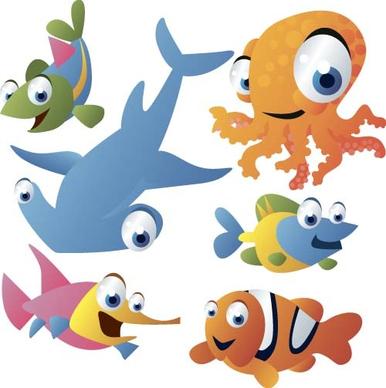 funny marine animal cartoon vectors set