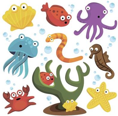 funny marine animal cartoon vectors set