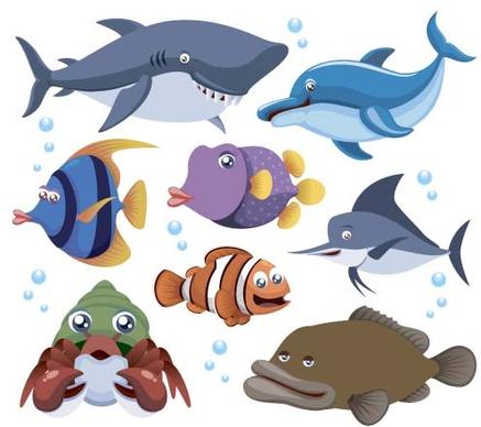 funny marine animal cartoon vectors set